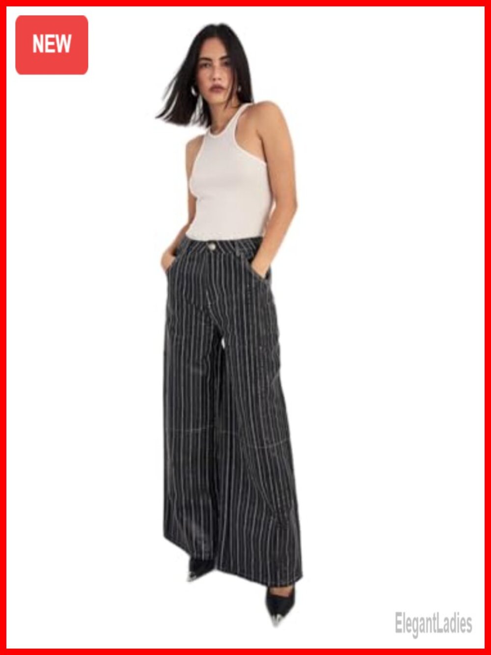 Pinstripe Embroidered Faux Leather Slouch Trouser Pant High Rise